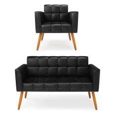 Kit 1 Sofá Namoradeira E 1 Poltrona Elisa Corano Pés Palito Castanho - D`rossi Cor Preto
