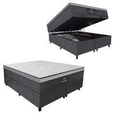 Cama Box Baú Casal Queen Colchão Gazin Maximus Molas Ensacadas 158x198x65cm Linho Grafite / Preto - 