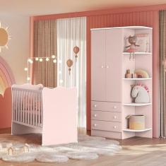Quarto de Bebê Doce Sonho com Roupeiro 825 e Berço Simples 1 Qmovi Rosa Acetinado + Colchão Gazin