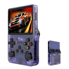 R36S Console de jogos portátil de 64 GB, integrado mais de 15.000 jogos clássicos, sistema Linux com tela HD MIPI IPS de 3,5 polegadas, dispositivo portátil de jogos de 3500 mAh (ROXO TRANSPARENTE)