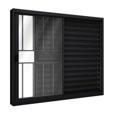 Janela De Alumínio Veneziana De Correr Lateral Com Grade 3 Folhas 100x100cm Riobras Preto