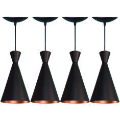 Kit 4 Lustres Pendente Cone Estilo Dixon Preto Fosco/Cobre