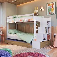 Treliche Infantil com Cama Auxiliar Escada Nichos e Gavetas Laterais Branco/Aveiro Oak