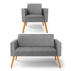 Sofá Namoradeira Com Poltrona Pés Palito Castanho Marisa Linho D03 - D\`rossi Cor A26 Grafite