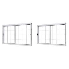 Kit com 2 Janelas de Aço de Correr Central 100x150cm 2 Folhas com Grade Quadriculada e Vidro Liso Branco