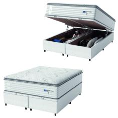 Cama Box Baú Casal Queen Colchão Molas Guarda Costas Com Pillow 158x198x81cm Branco/Cinza