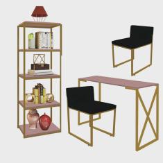 Kit Escritório Bex 2 Cadeiras Suede Preto com 1 Mesa e 1 Livreiro Ferro Dourado mdf Rose Rosa - Ahazzo Móveis