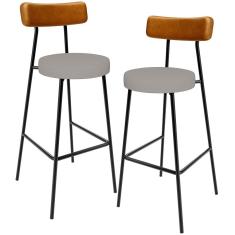 Kit 02 Banquetas Alta Cozinha Sala Jantar Aço Milão L02 Couríssimo Whisky Linho Bege - Lyam Decor