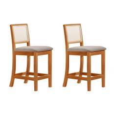 Kit 2 Banquetas Altas Em Tela Sextavadas Assento Estofado Linho Bege Rubi Madeira Maciça Mel