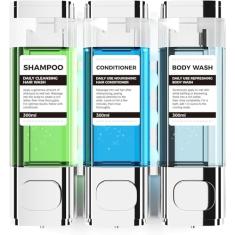 Dispensador de xampu e condicionador montado na parede de 3 câmaras, 300 ml cada dispensador de sabonete para chuveiro, fácil de recarregar, sem gotejamento, ideal para xampu, condicionador, sabonete