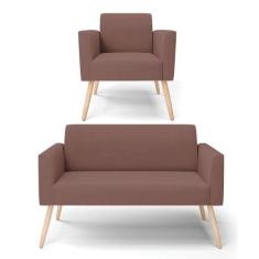 Sofá Namoradeira com Poltrona Pés Palito Natural Marisa Veludo - DRoss