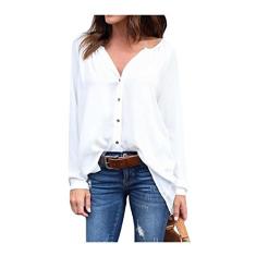 Bestgift feminino blusa tamanho plus com decote em V manga comprida com botão tops camisa branca M