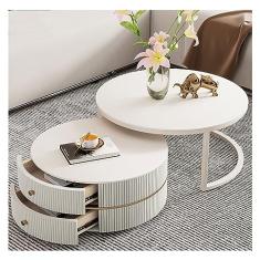 Mesas de canto mesa de centro redonda de 60 cm, conjunto de 2 mesas de canto modernas com mesa de mármore sintético e moldura de metal resistente, com gavetas de armazenamento, mesa de chá lateral para sala de estar, apartamento, escritório