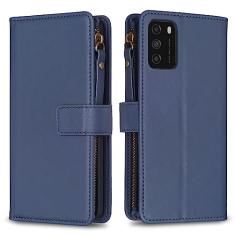 Capa com alça de pulso Xiaomi Poco M3, 9 compartimentos para cartão, 1 carteira de couro com zíper, função de suporte, fecho magnético, capa para celular compatível com Xiaomi Poco M3 4G 6,5 polegadas