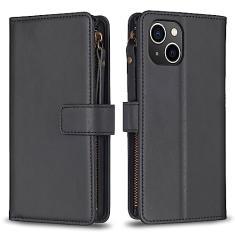 Capa com alça de pulso para iPhone 14, 9 compartimentos para cartão, 1 carteira de couro com zíper, função de suporte, fecho magnético, capa para celular compatível com iPhone 14 de 6,1 polegadas