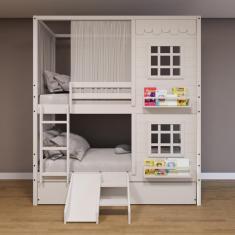 Treliche Casinha Reta com 02 Janelas Escorregador e Cortina Madeira Maciça Branco Housin