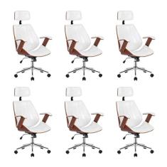 Kit 6 Cadeiras Escritório Presidente Giratória Kopenhagen Apoia Cabeça Branco
