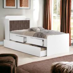 Cama Tamires Baú Branco com Auxiliar e Capitonê Nogal - VJ Móveis