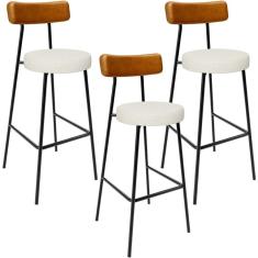 Kit 03 Banquetas Alta Cozinha Sala Jantar Milão L02 Couríssimo Whisky Linho Champagne