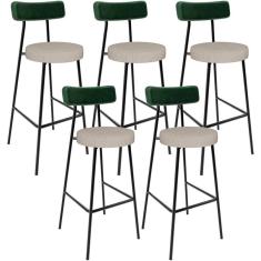 Kit 05 Banquetas Alta Cozinha Bar Sala Jantar Milão L02 Facto Verde Musgo Linho Bege - Lyam Decor