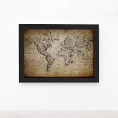 Quadro Vintage Mapa Mundi Antigo Moldura Preta 33x43cm