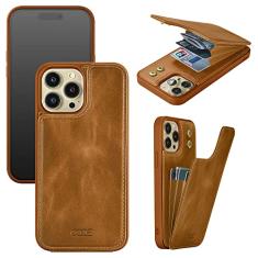 OQQE Capa carteira compatível com iPhone 13 Pro Max 17.0 cm 5G [bloqueio RFID] Capa flip de couro genuíno com compartimento para cartão de crédito com 3 compartimentos para cartões, botões duplos, à