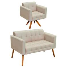 Kit 01 Namoradeira e 01 Poltrona Giratória Elisa Suede Base Madeira MM