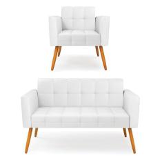 Kit 1 Sofá Namoradeira E 1 Poltrona Elisa Corino Branco Pés Palito Castanho - D`rossi