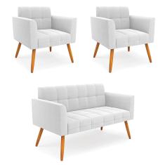 Namoradeira e 2 Poltronas Pé Palito Castanho Elisa Bouclê Off Wte D03 - D`Rossi