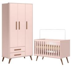 Berço Americano 3820 e Guarda Roupa Roupa 3830 Q Encanto Retrô Rosa - 
