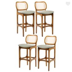 Kit 4 Banquetas Alta em Madeira Decor Encosto Rattan Estofada Linho Ve