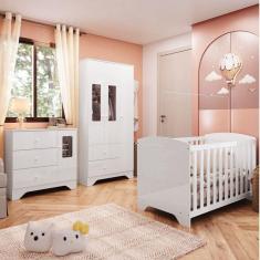 Quarto de Bebê Guarda Roupa Cômoda com Janelas Retângulo e Berço Americano 100% MDF Ayla Branco Brilho