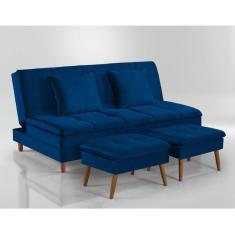 Sofá Cama Vegas Com 2 Puffs E Pé De Madeira Talento Móveis Azul