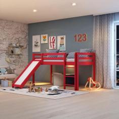 Cama Alta Kids com Escorregador em Madeira Maciça - Vermelho - Arbol M