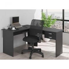 Mesa Em L Com Gaveta Mantel Preto Onix