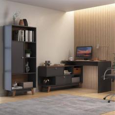 Escrivaninha 2 Portas com Estante 1 Porta Hecol Móveis Grafite/Nogal