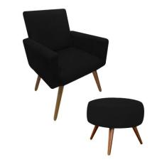 Kit 01 Poltrona Decorativa Nina + Puff Redondo  Suede Preto s/r - JBF 