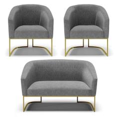 Namoradeira E 2 Poltronas Base Industrial Dourado Stella Linho Grafite A26 D03 - D`rossi