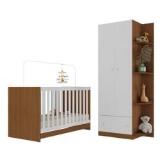 Berço 3 em 1 para Colchão 130 x 60cm com Guarda-roupas 2 Portas Doce de Leite Multimóveis Mp4241 Madeirado/branco
