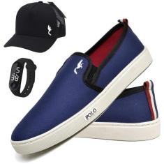 Kit Tênis Slip On Masculino Lona + Relógio Digital + Boné - Polo Blu, 