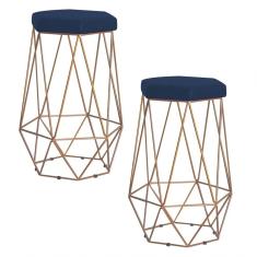 Kit 2 Banqueta Rubel Base Gold Veludo Azul Gran Belo