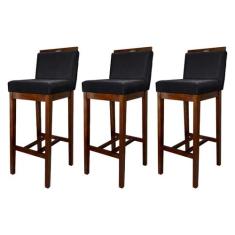 Kit 3 Banquetas Alta com Encosto Líbia Madeira Capuccino Suede Preto C