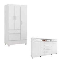 Cômoda London e Guarda Roupa Solteiro Wind Branco Flex - Demóbile