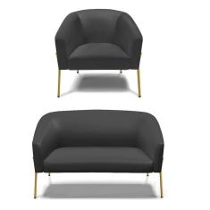 Sofá Namoradeira E Poltrona Pé De Ferro Dourado Stella Corino Preto D03 - D`rossi