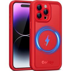 COOLQO Capa magnética para iPhone 14 Pro Max, camada dupla fosca resistente a arranhões, vermelha