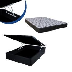 Cama Box Baú Casal Resistence Suede Preto + Colchão Casal Resistence Espuma D33 Com EPS 17x138x188