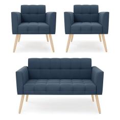 Kit 1 Sofá Namoradeira E 2 Poltronas Elisa Suede Azul Marinho Pés Palito Natural - D`rossi