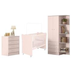 Guarda Roupa 2 Portas Cantoneira, Berço e Cômoda Rosa - Qmovi