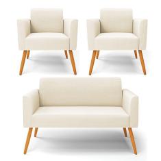 Sofá Namoradeira Com 2 Poltronas Pés Palito Castanho Marisa Veludo Bege D03 - D'rossi