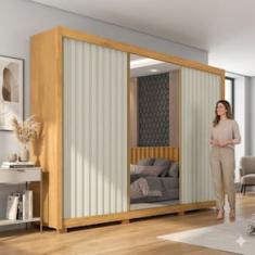 Guarda-Roupa Europa Grécia com espelho, 3 portas de correr, 6 gavetas e 12 prateleiras – 226 cm de largura